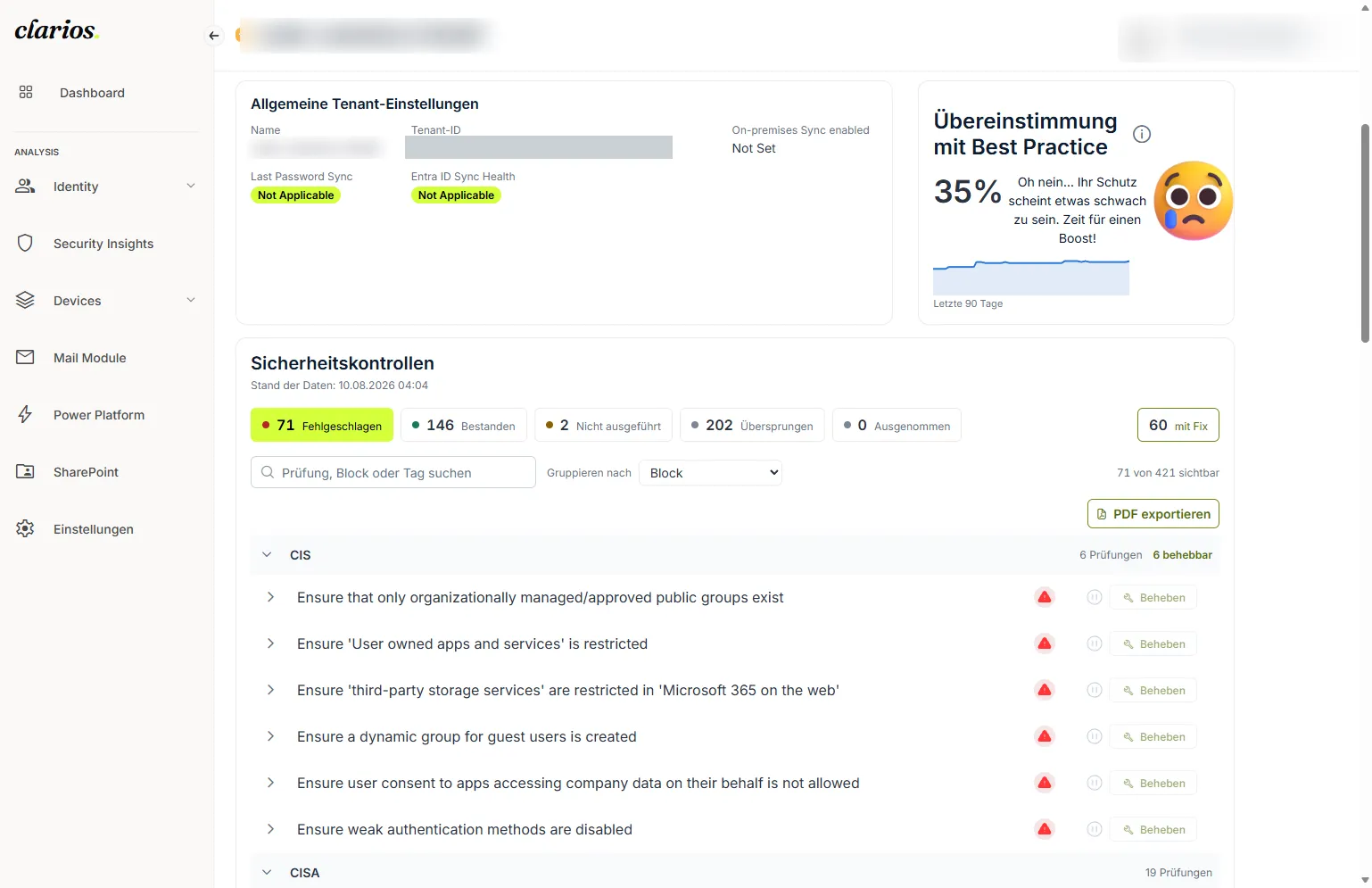 Clarios Sicherheits-Insights: Übereinstimmung mit Best Practice in Prozent, daneben die Sicherheitskontrollen mit 71 fehlgeschlagenen und 146 bestandenen Prüfungen.